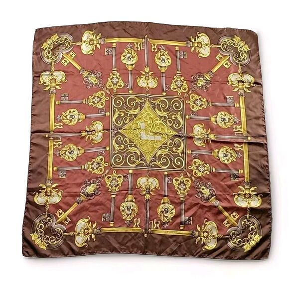 Lancel Rolled Hem Silk Scarf Decorative Scroll Keys Brown Square 34" x 34.5" - Picture 1 of 7